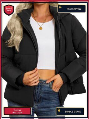 Cropped Quilted Puffer Jacket Lightweight Removable Hood Zip Coat